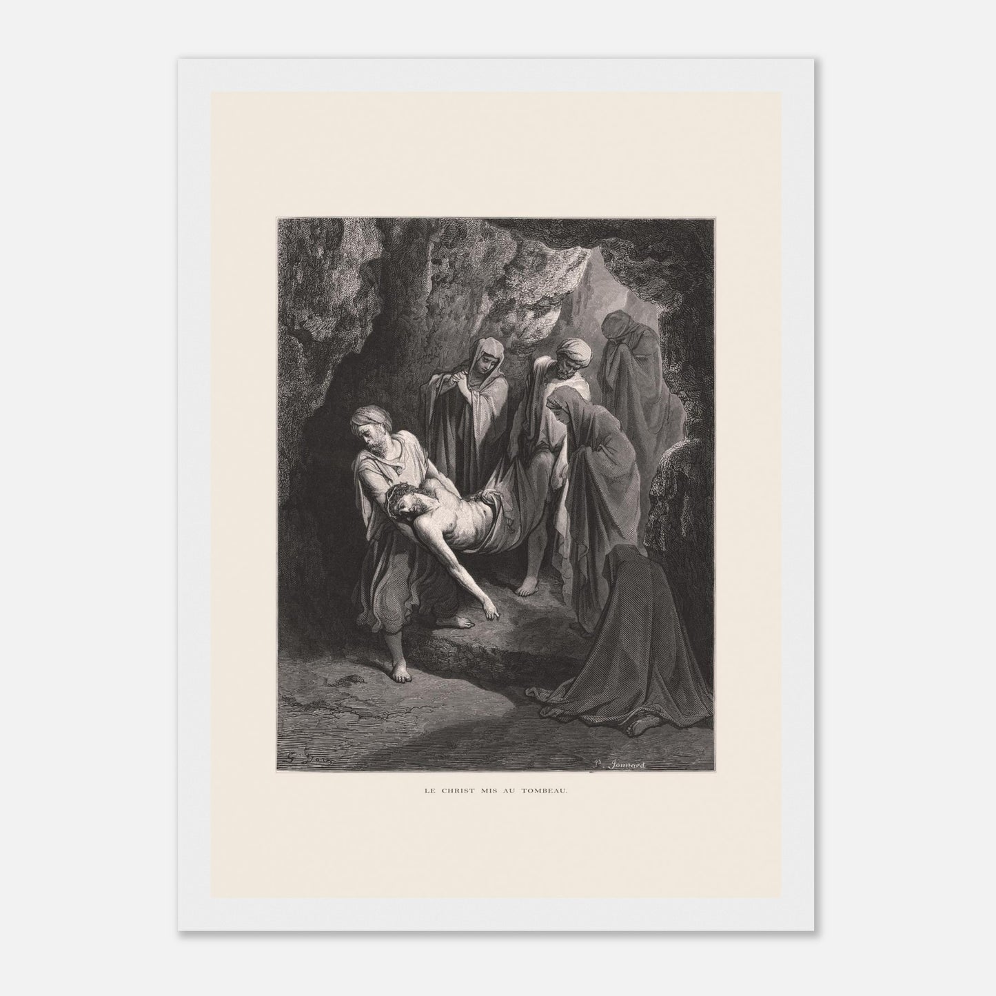 Gravure ancienne Le Christ mis au tombeau par Gustave Doré (21x29,7 cm (A4) / Cadre blanc). Gravure de Gustave Doré, 'Le Christ mis au tombeau', montrant plusieurs personnages portant le corps du Christ dans une grotte.