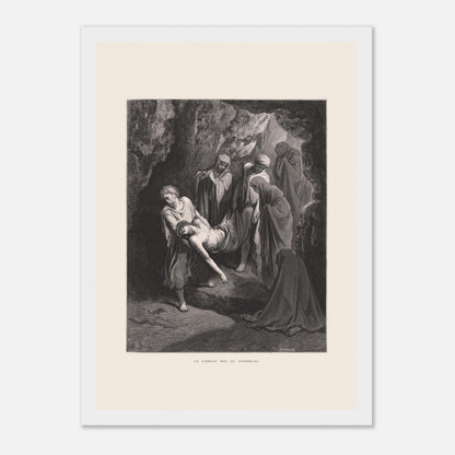 Gravure ancienne Le Christ mis au tombeau par Gustave Doré (21x29,7 cm (A4) / Cadre blanc). Gravure de Gustave Doré, 'Le Christ mis au tombeau', montrant plusieurs personnages portant le corps du Christ dans une grotte.
