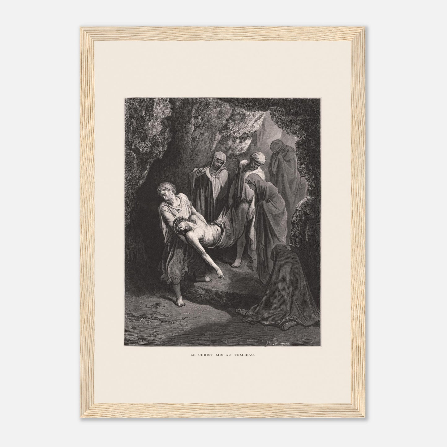 Gravure ancienne Le Christ mis au tombeau par Gustave Doré (21x29,7 cm (A4) / Cadre bois clair). Gravure de Gustave Doré, 'Le Christ mis au tombeau', montrant plusieurs personnages portant le corps du Christ dans une grotte.