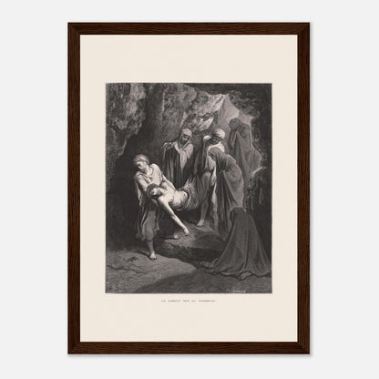 Gravure ancienne Le Christ mis au tombeau par Gustave Doré (21x29,7 cm (A4) / Cadre bois foncé). Gravure de Gustave Doré, 'Le Christ mis au tombeau', montrant plusieurs personnages portant le corps du Christ dans une grotte.