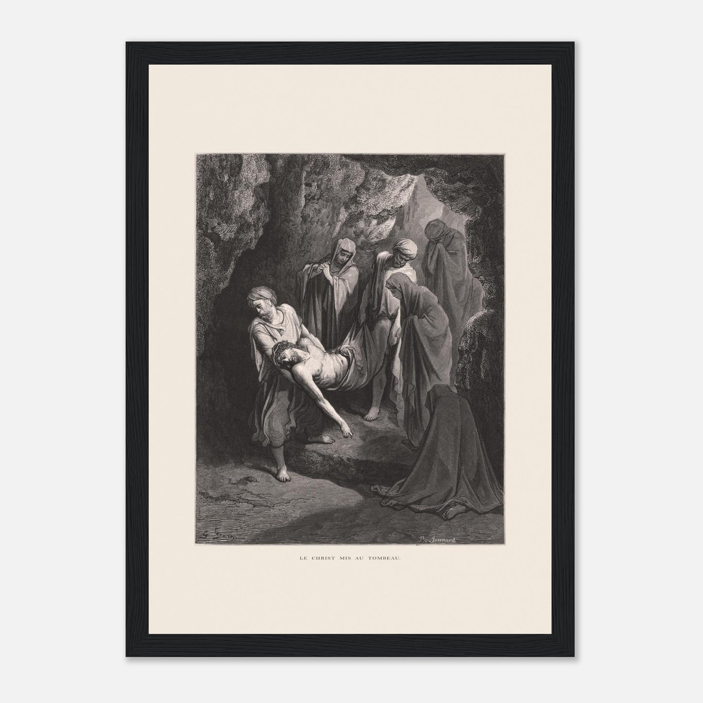 Gravure ancienne Le Christ mis au tombeau par Gustave Doré (21x29,7 cm (A4) / Cadre noir). Gravure de Gustave Doré, 'Le Christ mis au tombeau', montrant plusieurs personnages portant le corps du Christ dans une grotte.