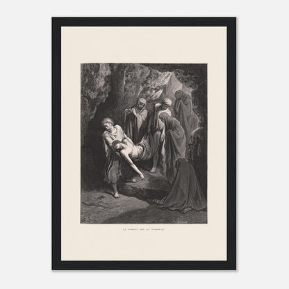 Gravure ancienne Le Christ mis au tombeau par Gustave Doré (21x29,7 cm (A4) / Cadre noir). Gravure de Gustave Doré, 'Le Christ mis au tombeau', montrant plusieurs personnages portant le corps du Christ dans une grotte.