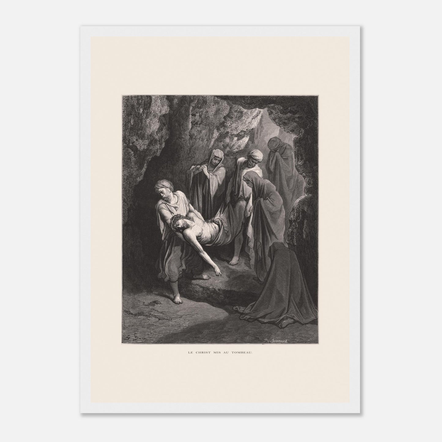 Gravure ancienne Le Christ mis au tombeau par Gustave Doré (29,7x42 cm (A3) / Cadre blanc). Gravure de Gustave Doré, 'Le Christ mis au tombeau', montrant plusieurs personnages portant le corps du Christ dans une grotte.
