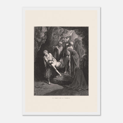 Gravure ancienne Le Christ mis au tombeau par Gustave Doré (29,7x42 cm (A3) / Cadre blanc). Gravure de Gustave Doré, 'Le Christ mis au tombeau', montrant plusieurs personnages portant le corps du Christ dans une grotte.