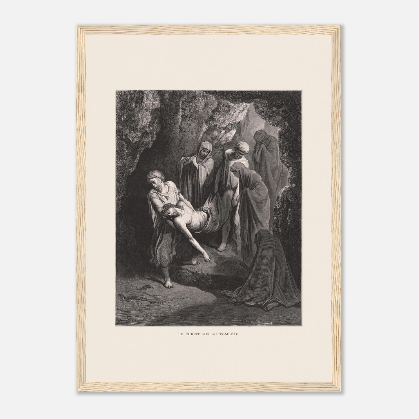 Gravure ancienne Le Christ mis au tombeau par Gustave Doré (29,7x42 cm (A3) / Cadre bois clair). Gravure de Gustave Doré, 'Le Christ mis au tombeau', montrant plusieurs personnages portant le corps du Christ dans une grotte.