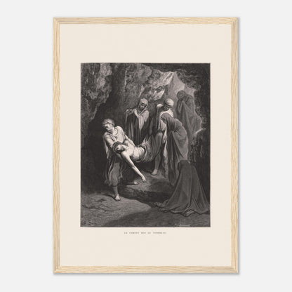 Gravure ancienne Le Christ mis au tombeau par Gustave Doré (29,7x42 cm (A3) / Cadre bois clair). Gravure de Gustave Doré, 'Le Christ mis au tombeau', montrant plusieurs personnages portant le corps du Christ dans une grotte.