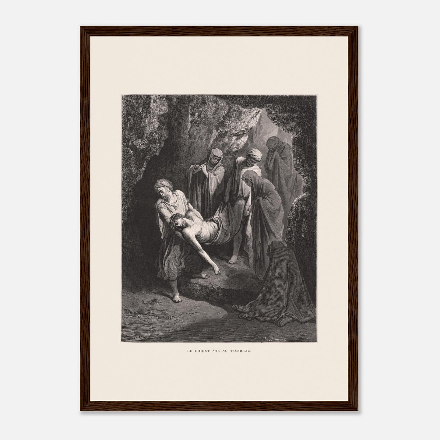 Gravure ancienne Le Christ mis au tombeau par Gustave Doré (29,7x42 cm (A3) / Cadre bois foncé). Gravure de Gustave Doré, 'Le Christ mis au tombeau', montrant plusieurs personnages portant le corps du Christ dans une grotte.