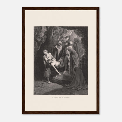 Gravure ancienne Le Christ mis au tombeau par Gustave Doré (29,7x42 cm (A3) / Cadre bois foncé). Gravure de Gustave Doré, 'Le Christ mis au tombeau', montrant plusieurs personnages portant le corps du Christ dans une grotte.