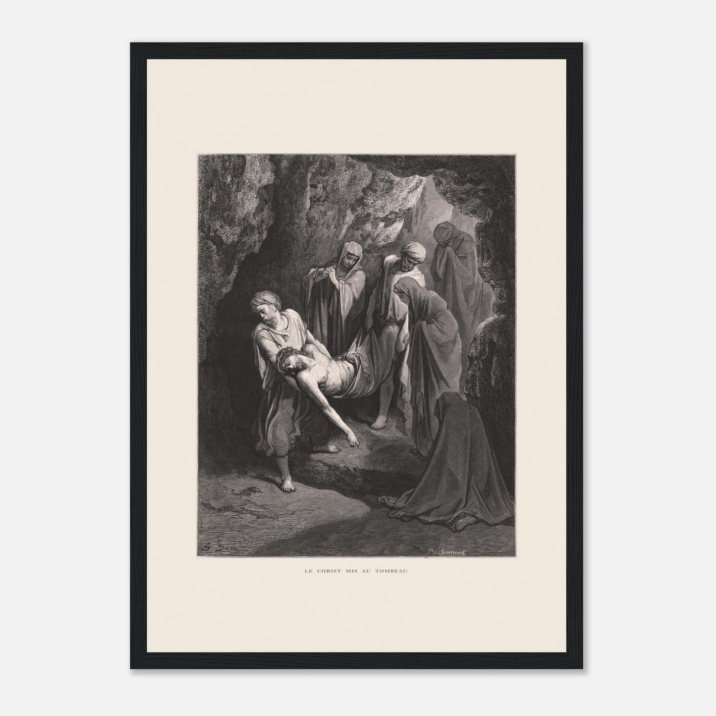 Gravure ancienne Le Christ mis au tombeau par Gustave Doré (29,7x42 cm (A3) / Cadre noir). Gravure de Gustave Doré, 'Le Christ mis au tombeau', montrant plusieurs personnages portant le corps du Christ dans une grotte.