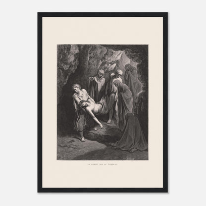 Gravure ancienne Le Christ mis au tombeau par Gustave Doré (29,7x42 cm (A3) / Cadre noir). Gravure de Gustave Doré, 'Le Christ mis au tombeau', montrant plusieurs personnages portant le corps du Christ dans une grotte.