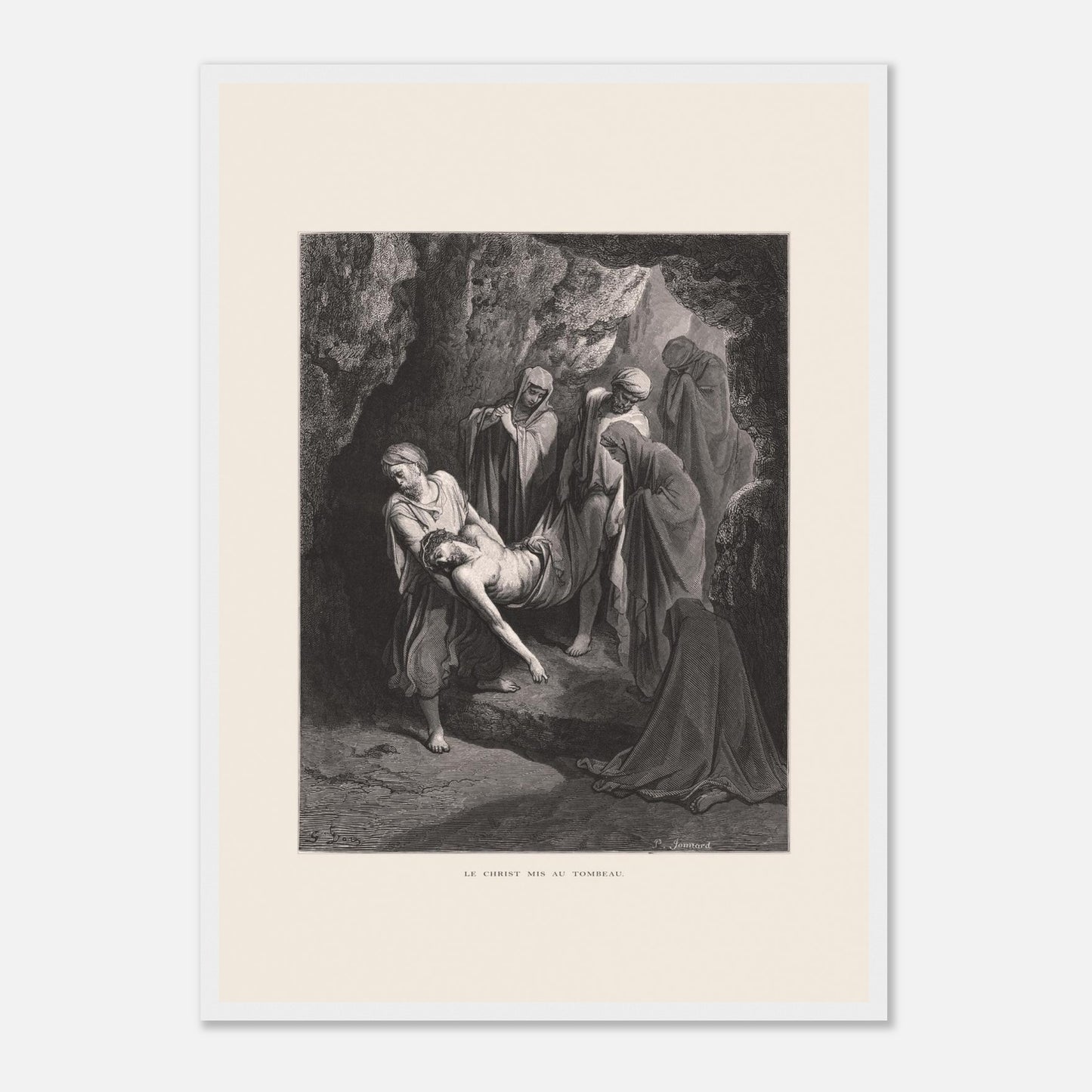Gravure ancienne Le Christ mis au tombeau par Gustave Doré (42x59,4 cm (A2) / Cadre blanc). Gravure de Gustave Doré, 'Le Christ mis au tombeau', montrant plusieurs personnages portant le corps du Christ dans une grotte.