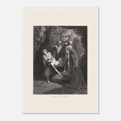 Gravure ancienne Le Christ mis au tombeau par Gustave Doré (42x59,4 cm (A2) / Cadre blanc). Gravure de Gustave Doré, 'Le Christ mis au tombeau', montrant plusieurs personnages portant le corps du Christ dans une grotte.