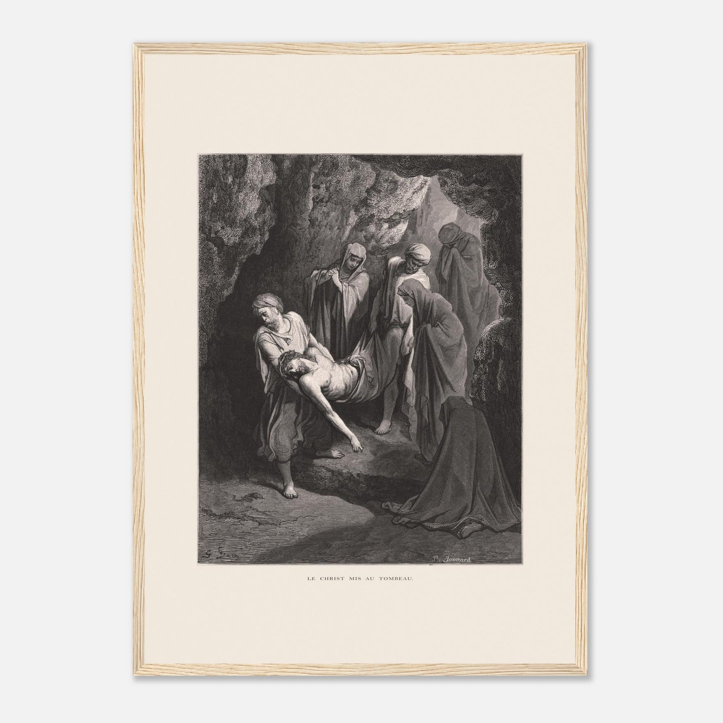Gravure ancienne Le Christ mis au tombeau par Gustave Doré (42x59,4 cm (A2) / Cadre bois clair). Gravure de Gustave Doré, 'Le Christ mis au tombeau', montrant plusieurs personnages portant le corps du Christ dans une grotte.