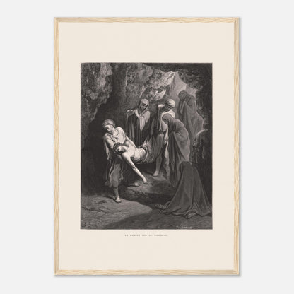 Gravure ancienne Le Christ mis au tombeau par Gustave Doré (42x59,4 cm (A2) / Cadre bois clair). Gravure de Gustave Doré, 'Le Christ mis au tombeau', montrant plusieurs personnages portant le corps du Christ dans une grotte.