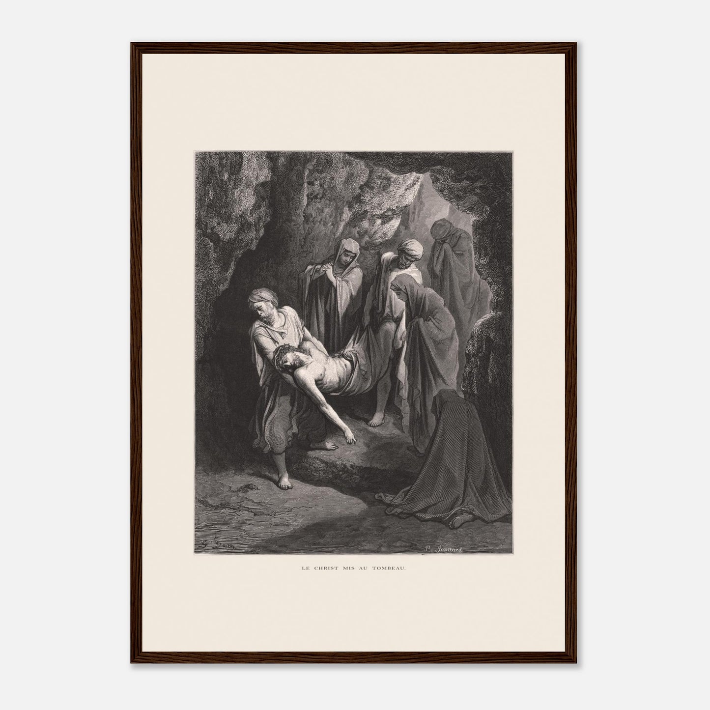 Gravure ancienne Le Christ mis au tombeau par Gustave Doré (42x59,4 cm (A2) / Cadre bois foncé). Gravure de Gustave Doré, 'Le Christ mis au tombeau', montrant plusieurs personnages portant le corps du Christ dans une grotte.