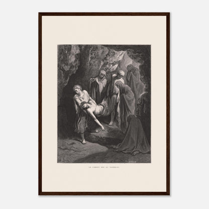 Gravure ancienne Le Christ mis au tombeau par Gustave Doré (42x59,4 cm (A2) / Cadre bois foncé). Gravure de Gustave Doré, 'Le Christ mis au tombeau', montrant plusieurs personnages portant le corps du Christ dans une grotte.