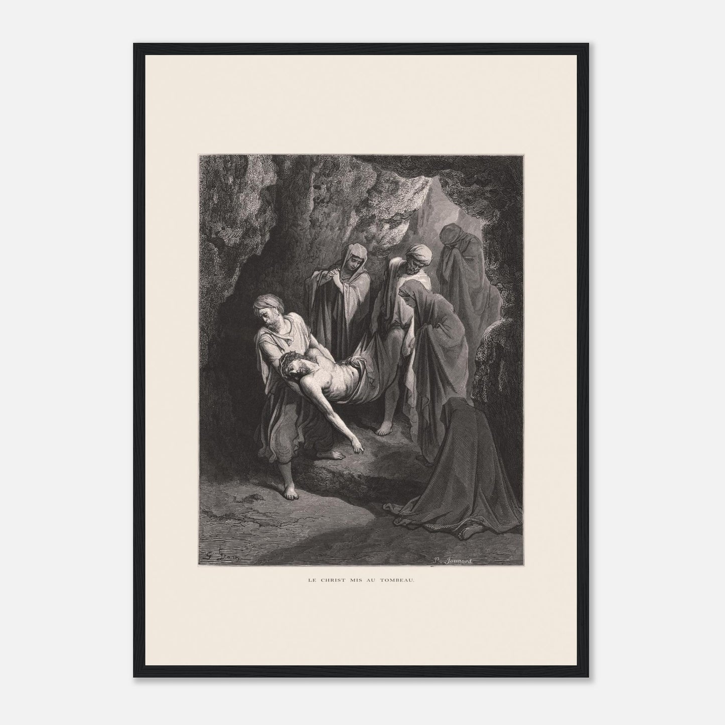 Gravure ancienne Le Christ mis au tombeau par Gustave Doré (42x59,4 cm (A2) / Cadre noir). Gravure de Gustave Doré, 'Le Christ mis au tombeau', montrant plusieurs personnages portant le corps du Christ dans une grotte.