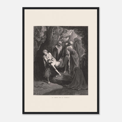 Gravure ancienne Le Christ mis au tombeau par Gustave Doré (42x59,4 cm (A2) / Cadre noir). Gravure de Gustave Doré, 'Le Christ mis au tombeau', montrant plusieurs personnages portant le corps du Christ dans une grotte.