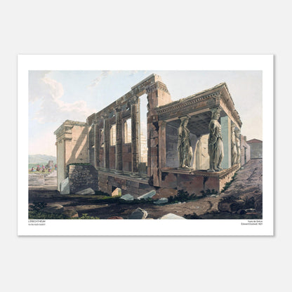 Antica incisione dell'Eretteo visto da sud-ovest (29,7x42 cm (A3)). Antica incisione intitolata "L'Eretteo, visto da sud-ovest", raffigurante le rovine di un antico tempio greco con colonne e statue femminili come cariatidi.