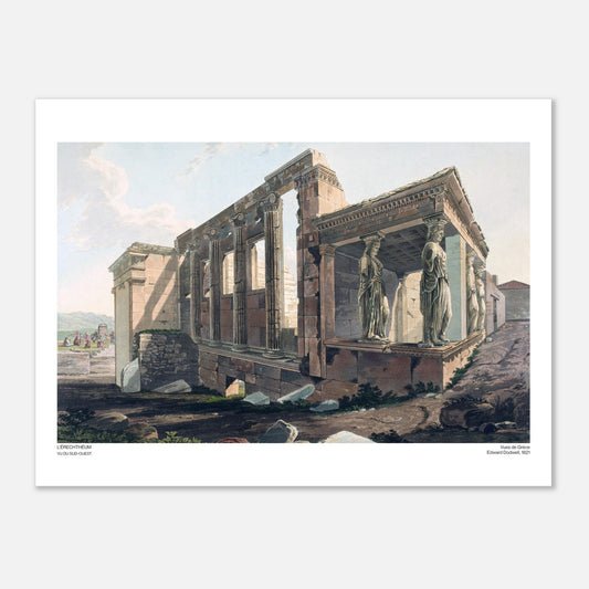 Antica incisione dell'Eretteo visto da sud-ovest (30x40 cm). Antica incisione intitolata "L'Eretteo, visto da sud-ovest", raffigurante le rovine di un antico tempio greco con colonne e statue femminili come cariatidi.
