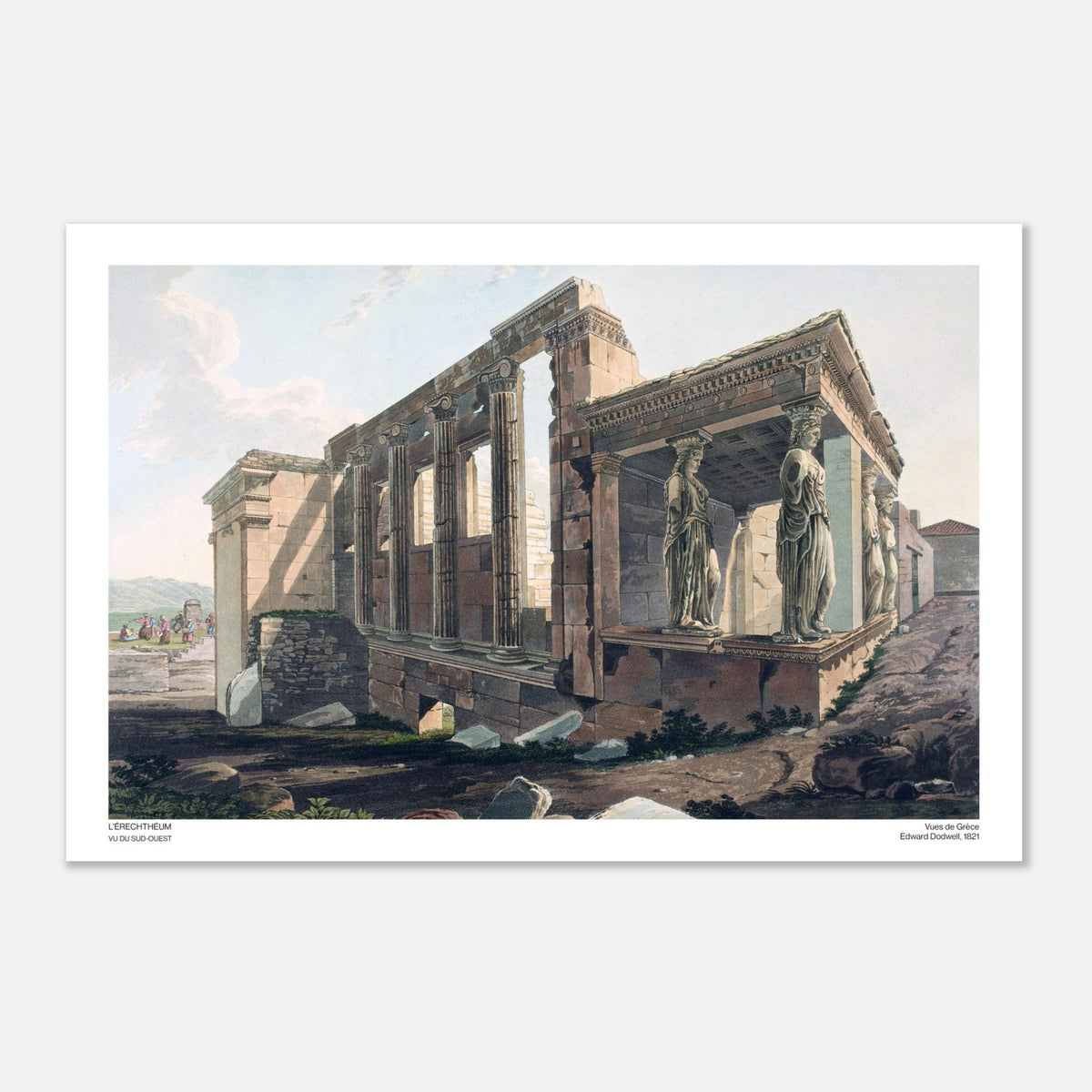 Antica incisione dell'Eretteo visto da sud-ovest (40x60 cm). Antica incisione intitolata "L'Eretteo, visto da sud-ovest", raffigurante le rovine di un antico tempio greco con colonne e statue femminili come cariatidi.