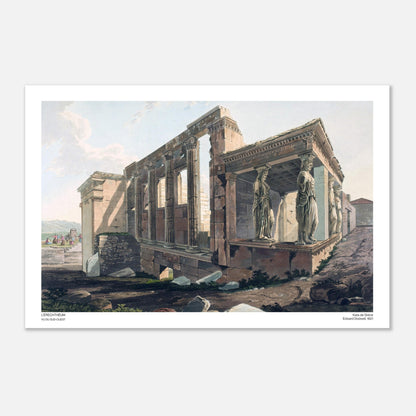 Antica incisione dell'Eretteo visto da sud-ovest (40x60 cm). Antica incisione intitolata "L'Eretteo, visto da sud-ovest", raffigurante le rovine di un antico tempio greco con colonne e statue femminili come cariatidi.