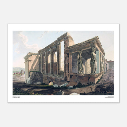 Antica incisione dell'Eretteo visto da sud-ovest (42x59,4 cm (A2)). Antica incisione intitolata "L'Eretteo, visto da sud-ovest", raffigurante le rovine di un antico tempio greco con colonne e statue femminili come cariatidi.