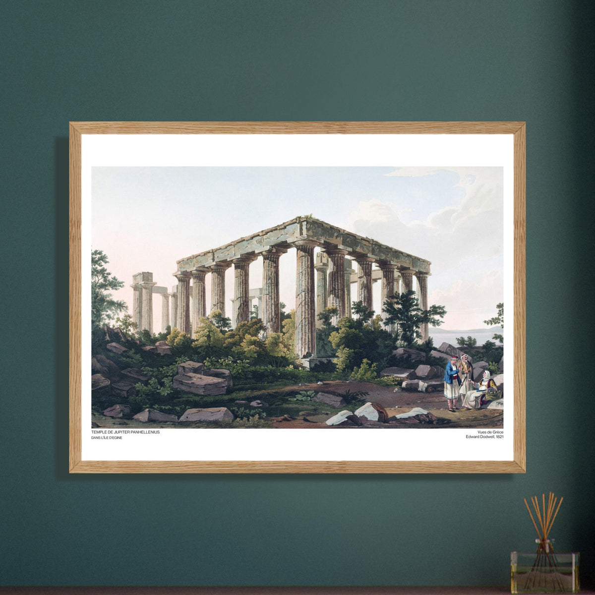 Antica incisione del Tempio di Giove Panellenio a Egina. Antica incisione intitolata "Tempio di Giove Panellenio, nell'isola di Egina", che mostra un antico tempio greco con numerose colonne e un tetto parziale.