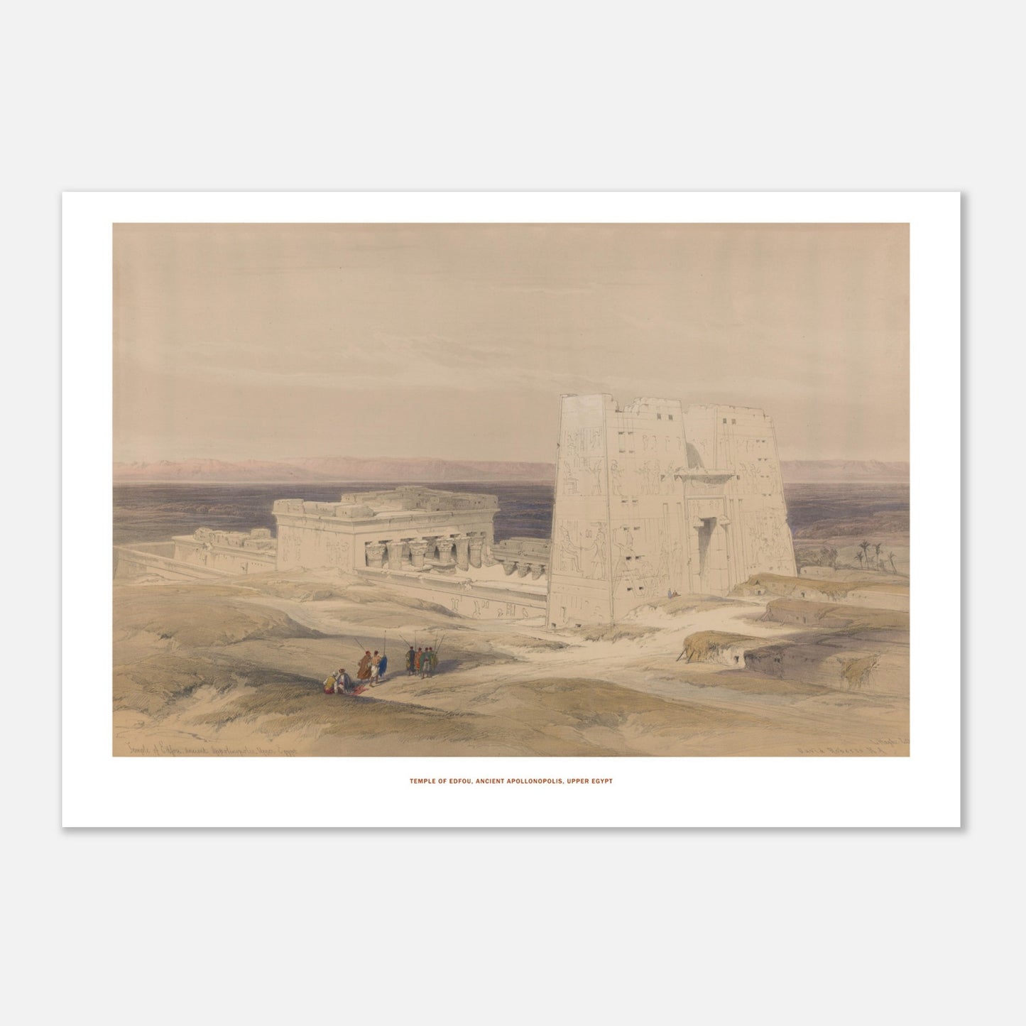 Gravure ancienne : Temple d'Edfou en Haute-Égypte - David Roberts (21x29,7 cm (A4)). Lithographie ancienne du temple d'Edfou en Égypte, avec des ruines et des personnages sur un terrain désertique.
