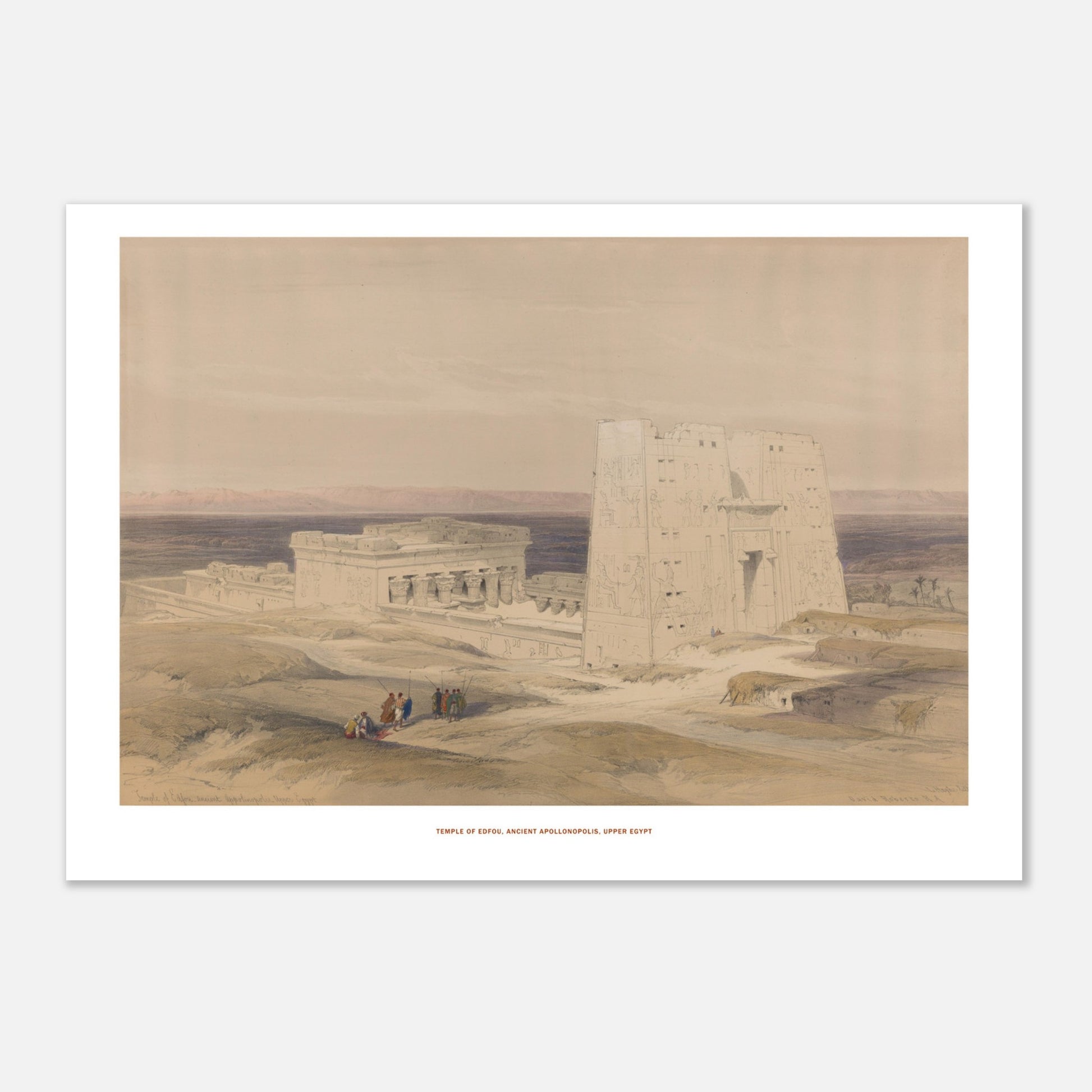 Gravure ancienne : Temple d'Edfou en Haute-Égypte - David Roberts (21x29,7 cm (A4)). Lithographie ancienne du temple d'Edfou en Égypte, avec des ruines et des personnages sur un terrain désertique.