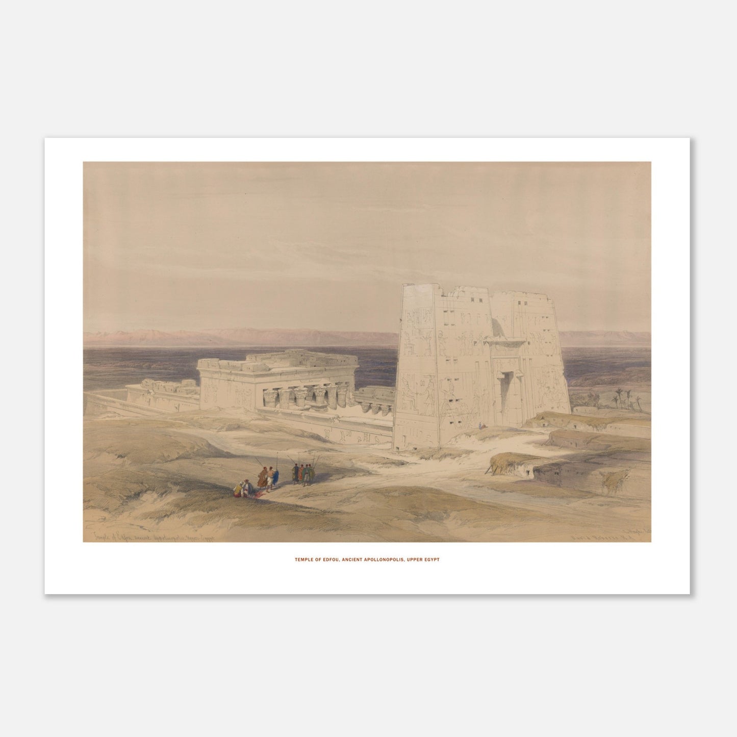 Gravure ancienne : Temple d'Edfou en Haute-Égypte - David Roberts (29,7x42 cm (A3)). Lithographie ancienne du temple d'Edfou en Égypte, avec des ruines et des personnages sur un terrain désertique.