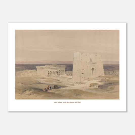 Gravure ancienne : Temple d'Edfou en Haute-Égypte - David Roberts (30x40 cm). Lithographie ancienne du temple d'Edfou en Égypte, avec des ruines et des personnages sur un terrain désertique.