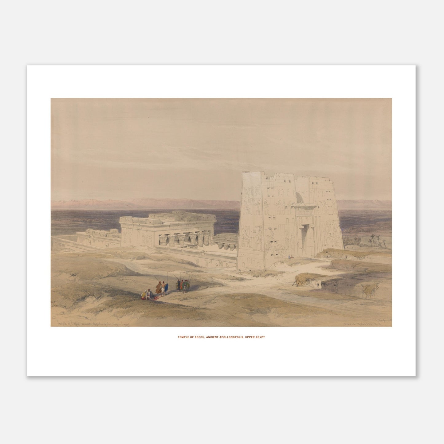 Gravure ancienne : Temple d'Edfou en Haute-Égypte - David Roberts (40x50 cm). Lithographie ancienne du temple d'Edfou en Égypte, avec des ruines et des personnages sur un terrain désertique.