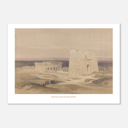 Gravure ancienne : Temple d'Edfou en Haute-Égypte - David Roberts (50x70 cm). Lithographie ancienne du temple d'Edfou en Égypte, avec des ruines et des personnages sur un terrain désertique.