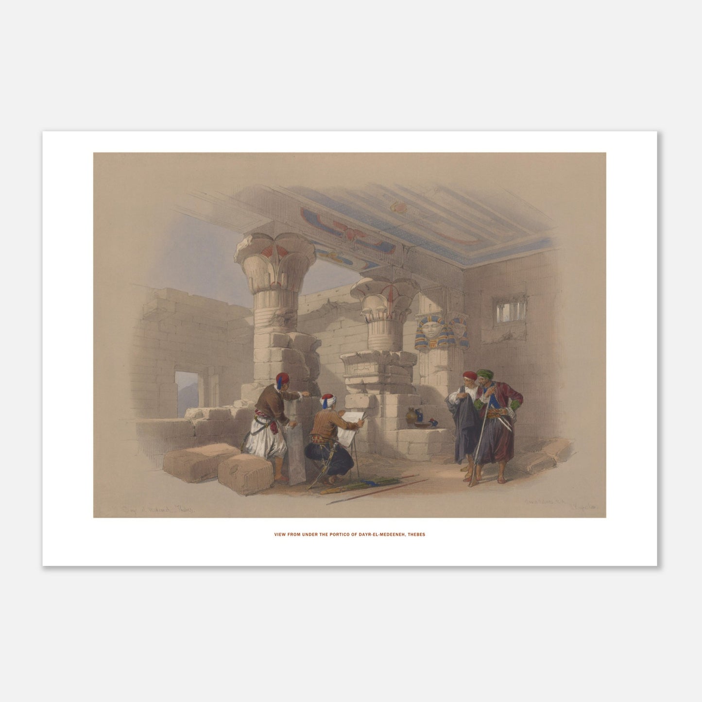 Planche ancienne : Vue sous le portique de Deir el-Médineh - David Roberts (21x29,7 cm (A4)). Lithographie ancienne représentant une vue sous le portique de Deir el-Médineh, avec des colonnes imposantes et des figures égyptiennes, par David Roberts.