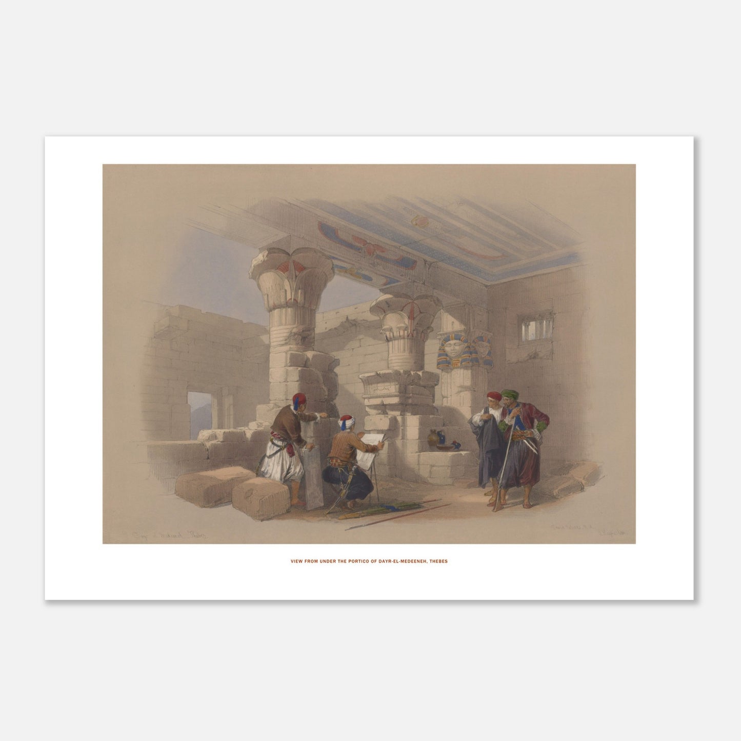Planche ancienne : Vue sous le portique de Deir el-Médineh - David Roberts (50x70 cm). Lithographie ancienne représentant une vue sous le portique de Deir el-Médineh, avec des colonnes imposantes et des figures égyptiennes, par David Roberts.