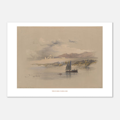 Planche du Temple d'Amada à Hassala, Nubie - David Roberts (1838) (29,7x42 cm (A3)). Lithographie de David Roberts représentant le temple d'Amada sur une île en Nubie, avec un bateau à voiles sur le Nil au premier plan et des montagnes en arrière-plan.