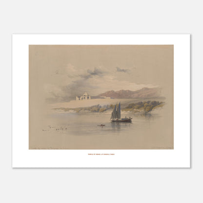Planche du Temple d'Amada à Hassala, Nubie - David Roberts (1838) (30x40 cm). Lithographie de David Roberts représentant le temple d'Amada sur une île en Nubie, avec un bateau à voiles sur le Nil au premier plan et des montagnes en arrière-plan.