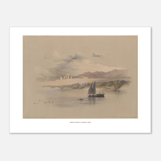 Planche du Temple d'Amada à Hassala, Nubie - David Roberts (1838) (30x40 cm). Lithographie de David Roberts représentant le temple d'Amada sur une île en Nubie, avec un bateau à voiles sur le Nil au premier plan et des montagnes en arrière-plan.
