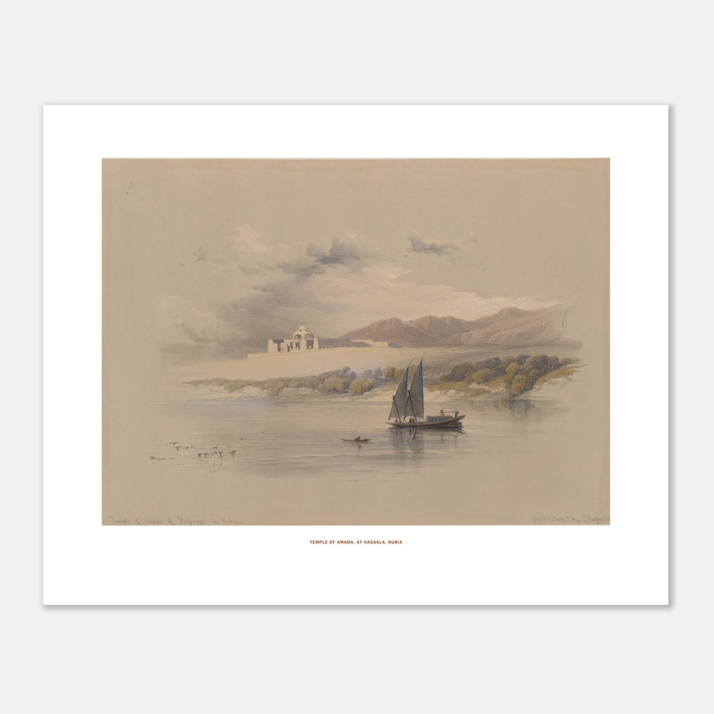 Planche du Temple d'Amada à Hassala, Nubie - David Roberts (1838) (40x50 cm). Lithographie de David Roberts représentant le temple d'Amada sur une île en Nubie, avec un bateau à voiles sur le Nil au premier plan et des montagnes en arrière-plan.