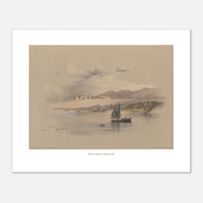 Planche du Temple d'Amada à Hassala, Nubie - David Roberts (1838) (40x50 cm). Lithographie de David Roberts représentant le temple d'Amada sur une île en Nubie, avec un bateau à voiles sur le Nil au premier plan et des montagnes en arrière-plan.