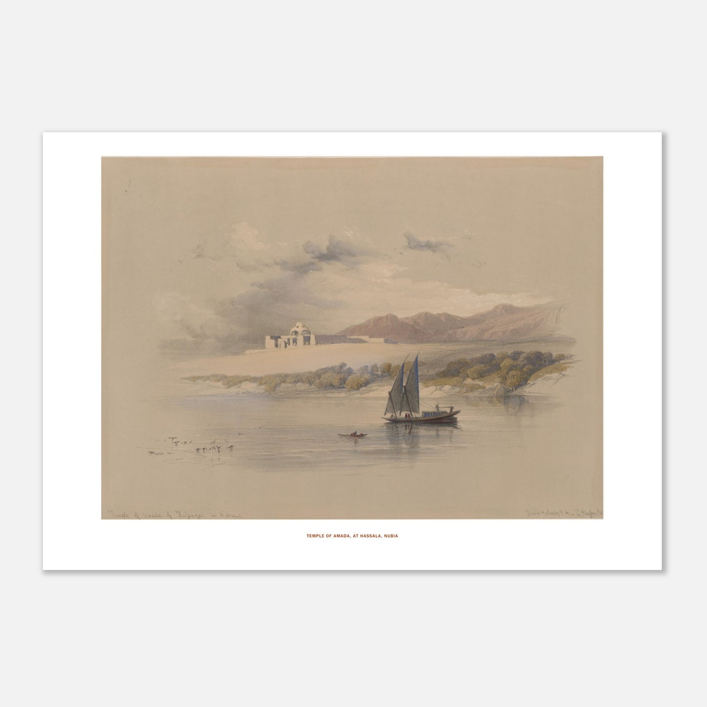 Planche du Temple d'Amada à Hassala, Nubie - David Roberts (1838) (42x59,4 cm (A2)). Lithographie de David Roberts représentant le temple d'Amada sur une île en Nubie, avec un bateau à voiles sur le Nil au premier plan et des montagnes en arrière-plan.