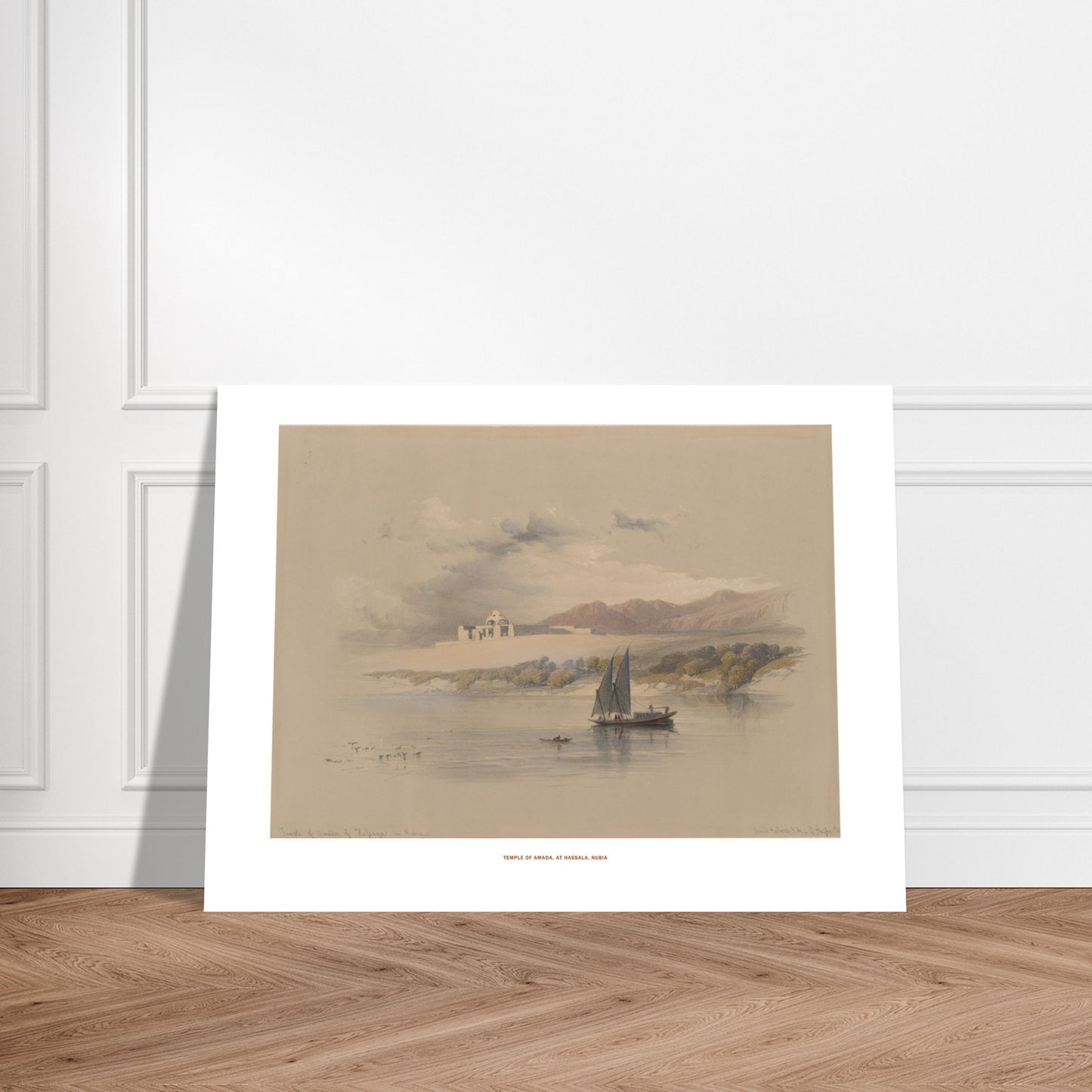 Planche du Temple d'Amada à Hassala, Nubie - David Roberts (1838). Lithographie de David Roberts représentant le temple d'Amada sur une île en Nubie, avec un bateau à voiles sur le Nil au premier plan et des montagnes en arrière-plan. Image d'illustration 7
