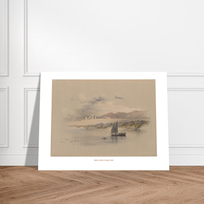 Planche du Temple d'Amada à Hassala, Nubie - David Roberts (1838). Lithographie de David Roberts représentant le temple d'Amada sur une île en Nubie, avec un bateau à voiles sur le Nil au premier plan et des montagnes en arrière-plan. Image d'illustration 7