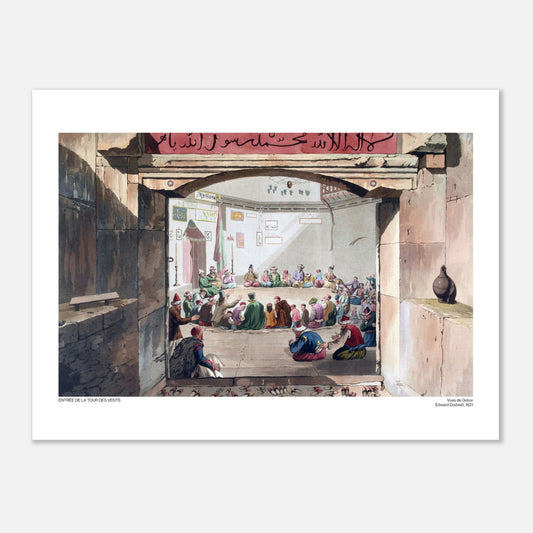 Incisione dell'ingresso alla Torre dei Venti ad Atene, di Edward Dodwell (30x40 cm). Una scena d'interni in cui un gruppo di persone è riunito, vista attraverso un arco decorato con calligrafia.