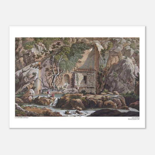 Illustrazione della Fonte Castalia sul Monte Parnaso, di Edward Dodwell (30x40 cm). Antica incisione della Fonte Castalia, che raffigura un ruscello roccioso con una piccola costruzione in pietra e due figure.