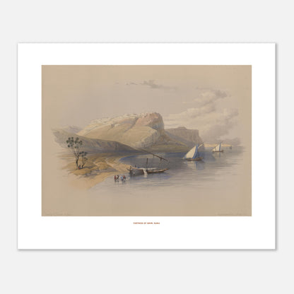 Gravure ancienne de la Forteresse d'Ibrim, Nubie - David Roberts (40x50 cm). Lithographie de David Roberts montrant la forteresse d'Ibrim en Nubie, avec des voiliers sur le Nil et une colline fortifiée en arrière-plan.