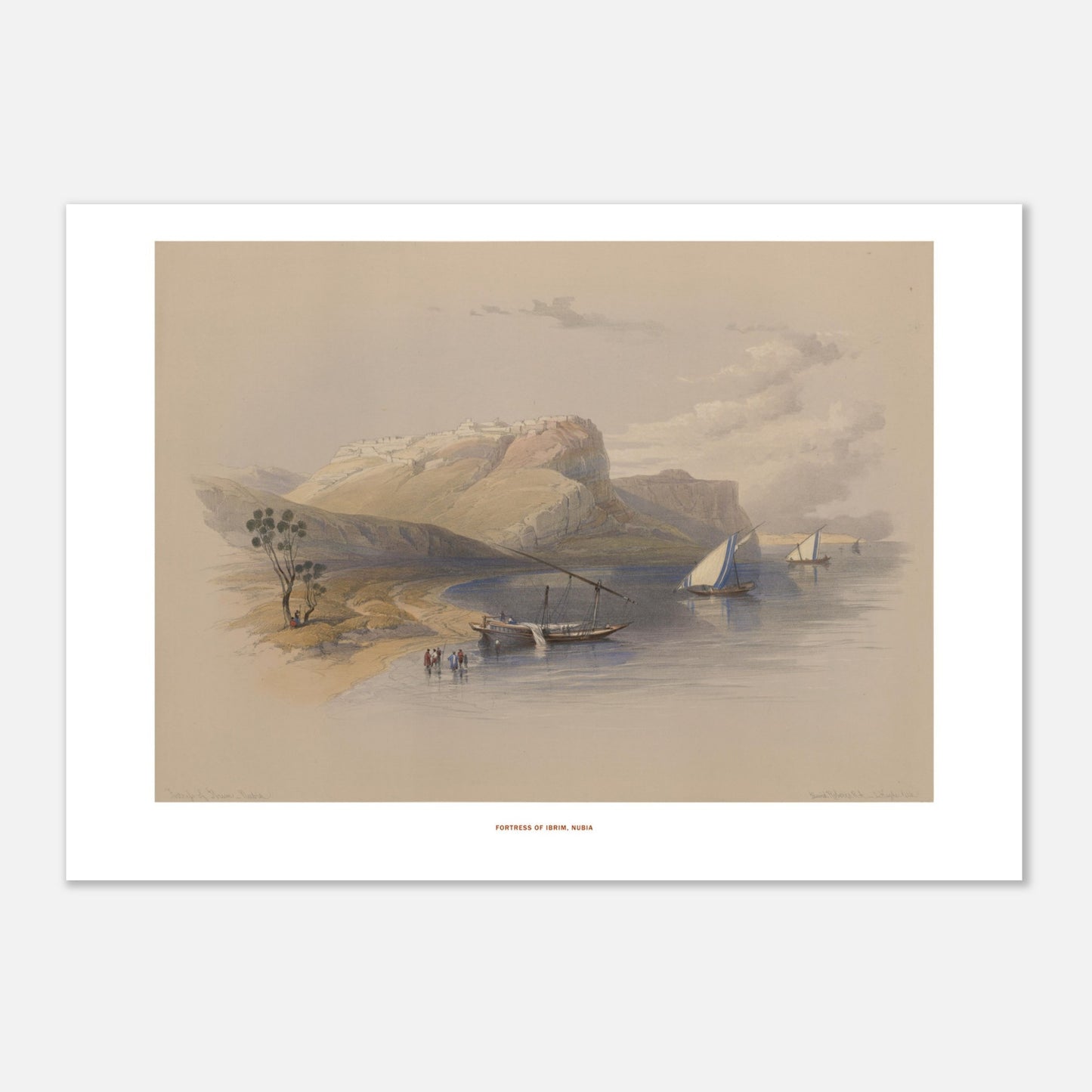 Gravure ancienne de la Forteresse d'Ibrim, Nubie - David Roberts (42x59,4 cm (A2)). Lithographie de David Roberts montrant la forteresse d'Ibrim en Nubie, avec des voiliers sur le Nil et une colline fortifiée en arrière-plan.