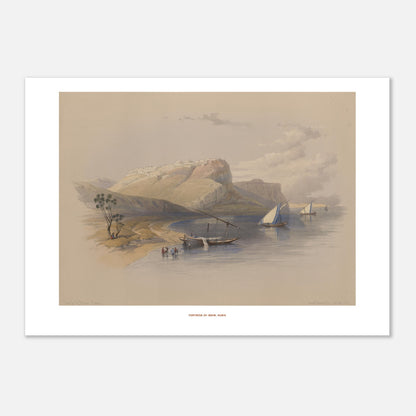 Gravure ancienne de la Forteresse d'Ibrim, Nubie - David Roberts (42x59,4 cm (A2)). Lithographie de David Roberts montrant la forteresse d'Ibrim en Nubie, avec des voiliers sur le Nil et une colline fortifiée en arrière-plan.