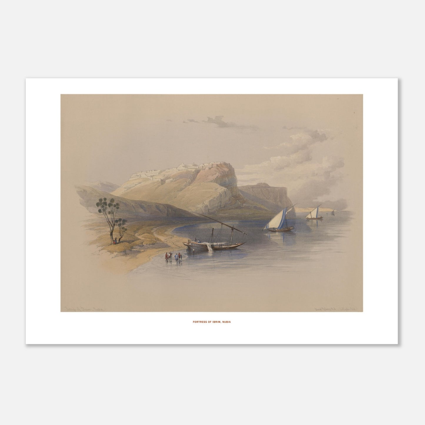 Gravure ancienne de la Forteresse d'Ibrim, Nubie - David Roberts (50x70 cm). Lithographie de David Roberts montrant la forteresse d'Ibrim en Nubie, avec des voiliers sur le Nil et une colline fortifiée en arrière-plan.